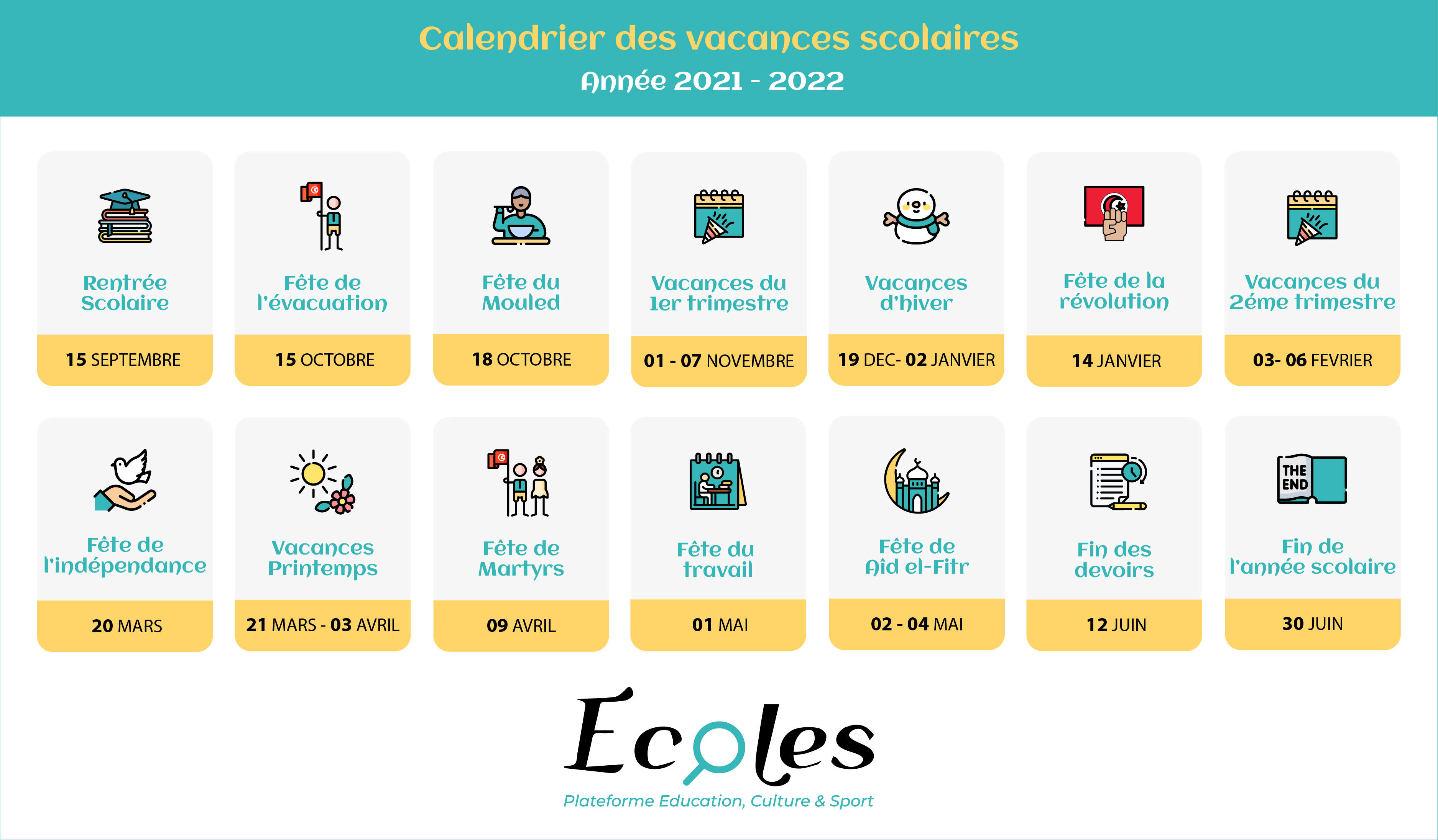 Tunisie - Calendrier des vacances de l'année scolaire 2021 - 2022